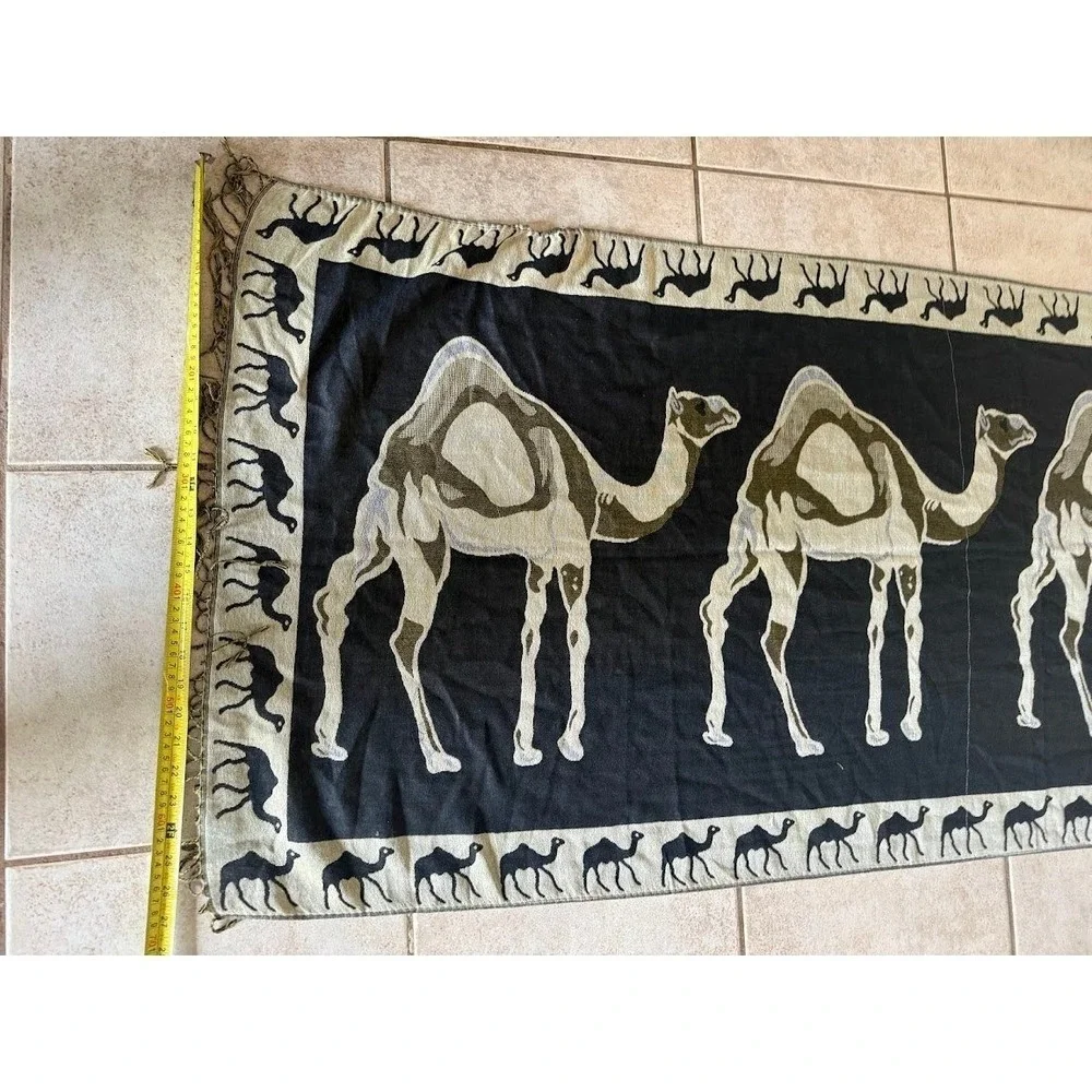 Woven Camel Tapestry Wall Hanging Desert Motif Fringe Textile Black Tan Cashmere